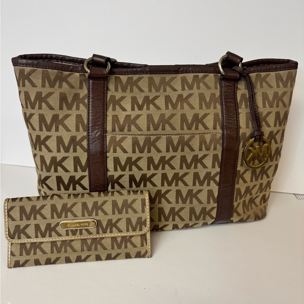 Michael Kors Tan and Brown Monogram Tote and Wallet